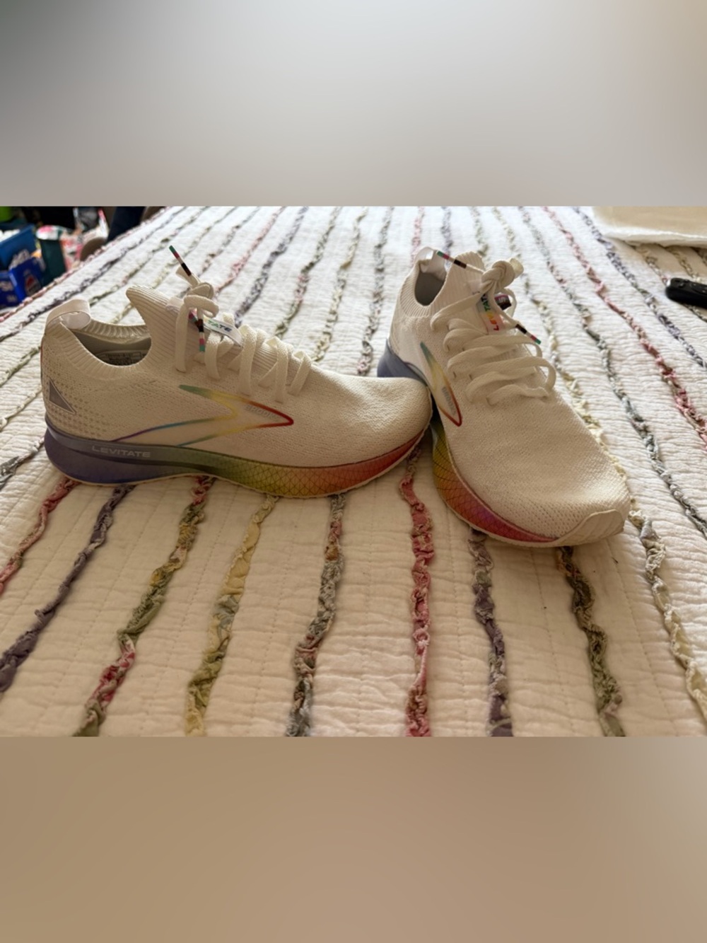 BROOKS….White Knit Lace-Up Sneakers with Rainbow Accent - Picture 6 of 6